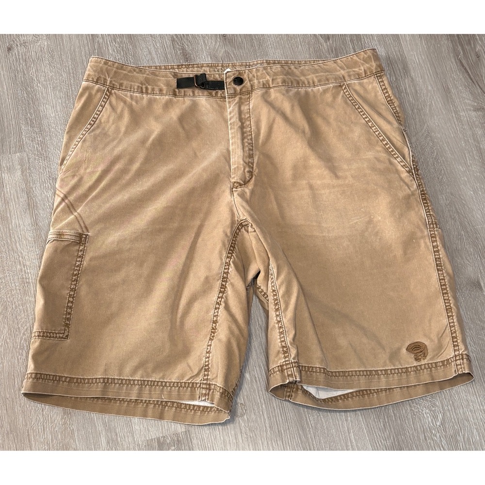 Mountain Hardwear Mens Khaki Tan Canvas Cargo Hiking Shorts Belted Size L 34